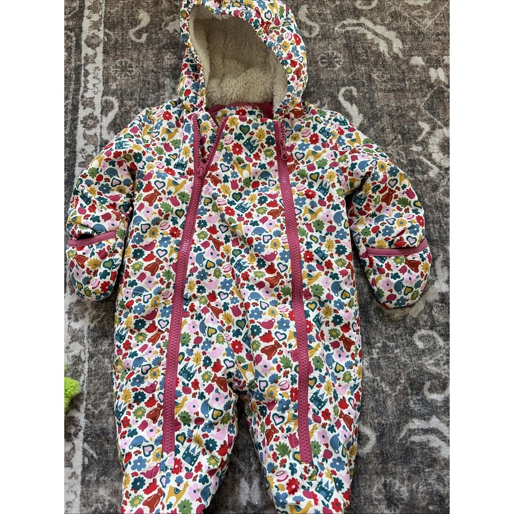 Baby Boden Girls Size 3-6 Months Snow Suit Floral Shapes Fleece Lined Zip Up